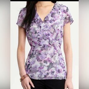 Banana Republic Callie watercolor Floral Faux-wrap Top blouse purple Size 0